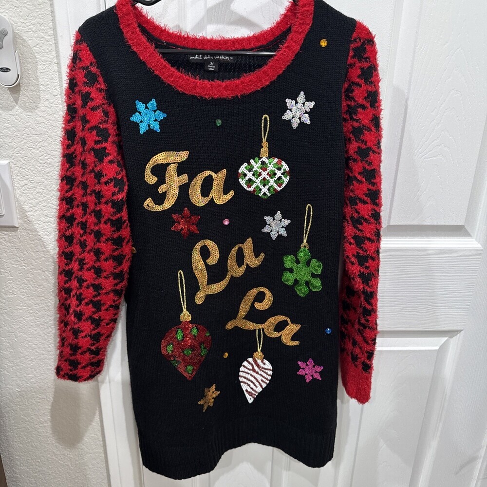 Ugly Sweater Christmas Holiday Black & Red Sequin Tunic Dress Women’s Size M